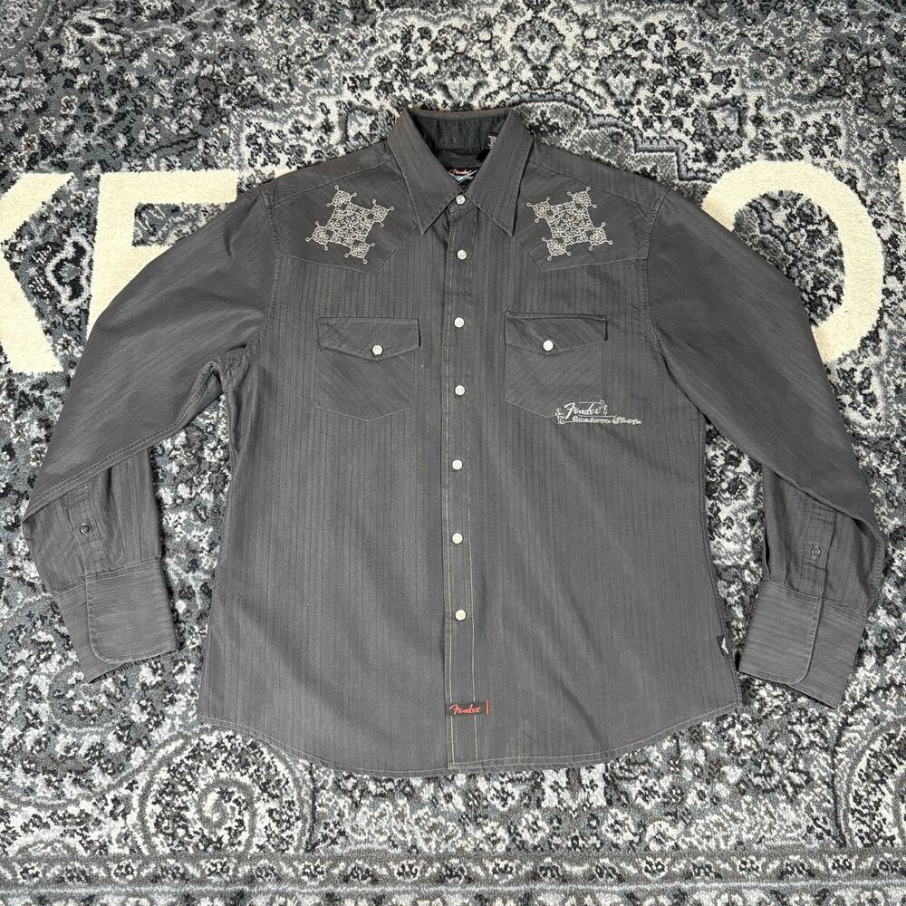 FENDER Custom Shop Western Pearl Snap Shirt Men‎ L Gray Embroidered R&R Religion